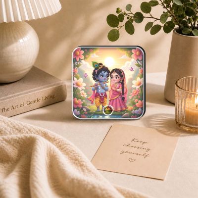 Shri Radha Krishna Musical Fridge Magnet Religious Decoration for Pooja Room, Home Decor Item for Living Room, Office Music Player with Rechargeable Speaker Spiritual Gift for Birthday